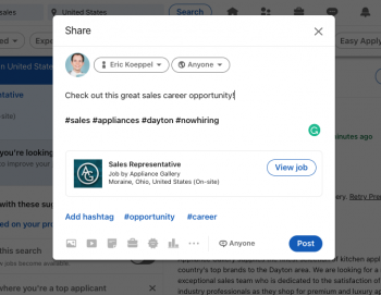 screenshot for instructions on how to share linkedin job posting