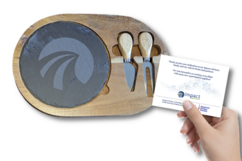 customized slate cheese board with company logo and a personalized card insert.
