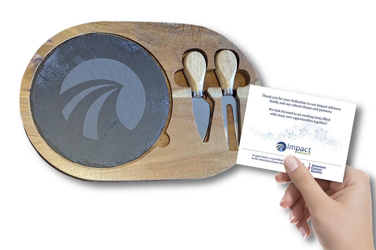 customized slate cheese board with company logo and a personalized card insert.